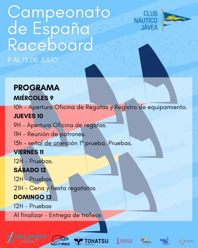 Campeonato España de Raceboard 2025 🤙

Como ya anunciamos, del el 9 al 13 de julio nuestro club será la sede para el Campeonato de España de Raceboard, una cita nacional que atraerá a grandes windsurfistas a nuestra bahía 🌊

📅 El campeonato contará con un programa muy completo, que combinará pruebas en el mar con momentos de convivencia deportiva en tierra. 

Y como parte destacada de este encuentro, el sábado 12 por la noche celebraremos la cena de regatistas, un momento muy esperado para compartir, disfrutar y brindar por el deporte.

¡Te esperamos en Jávea para disfrutar de unas increíbles jornadas de windsurf!
#somosunequipo #somosdeporte #Raceboard2025 #raceboard #windsurfing

@somvelafederacio @oficial_rfev @generalitatvalenciana @tohatsues @nautired